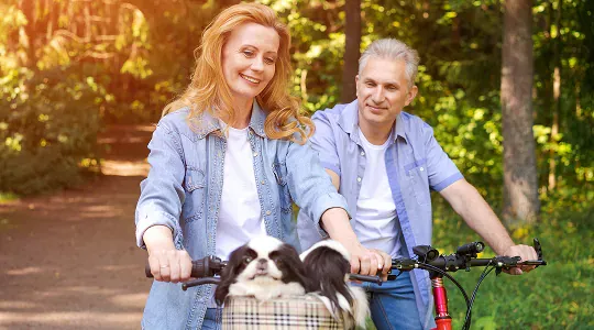 Aktives Paar fährt mit dem Fahrrad im Park und bleibt beweglich