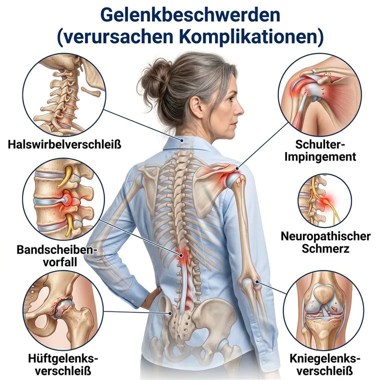 Diagramm mit häufigen Gelenkbeschwerden: Halswirbelverschleiß, Schulter-Impingement, Bandscheibenvorfall, neuropathischer Schmerz, Hüftgelenksverschleiß und Kniegelenksverschleiß
