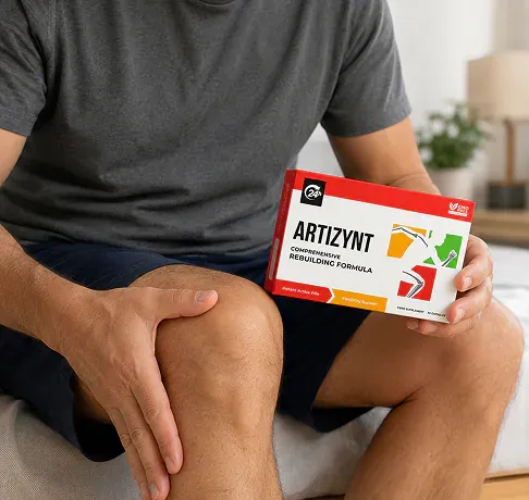 Mann mit Knieschmerzen hält eine Packung ArtiZynt Kapseln in der Hand